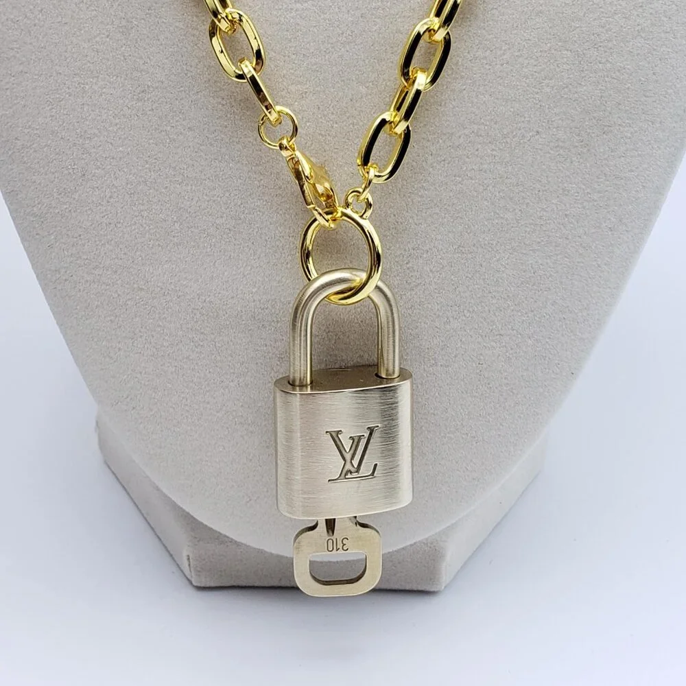 Stainless Steel Gold-Plated Necklace with Authentic Louis Vuitton Padlock